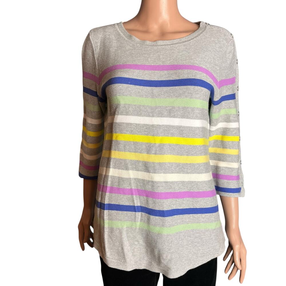 Talbots Popsical Stripes Waffle Knit Sweater Med Button Detail Stretchy Pastel